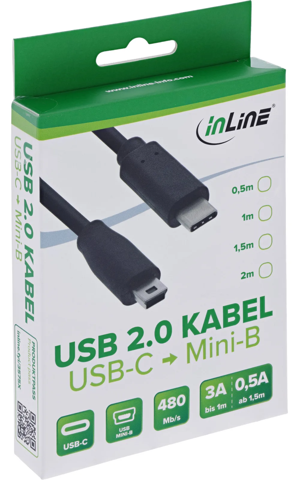 InLine USB 2.0 Kabel - USB-C Stecker an Mini-B Stecker - schwarz - 2m, Ansicht 3