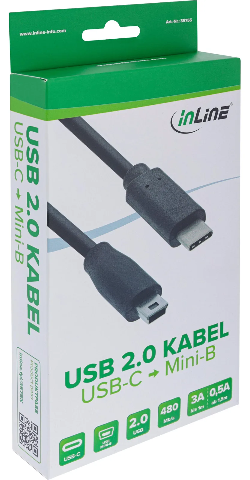 InLine USB 2.0 Kabel - USB-C Stecker an Mini-B Stecker - schwarz - 5m, Ansicht 3