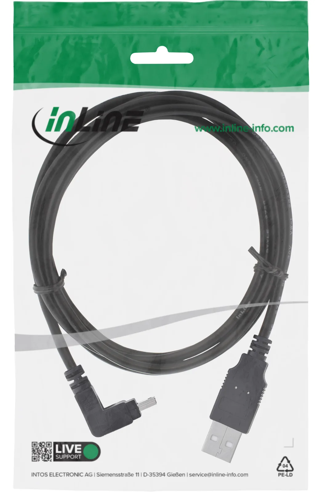 InLine USB 2.0 Mini-Kabel - ST A/Mini-B ST (5pol) oben abgew. 90° - schwarz - 0,5m, Ansicht 3