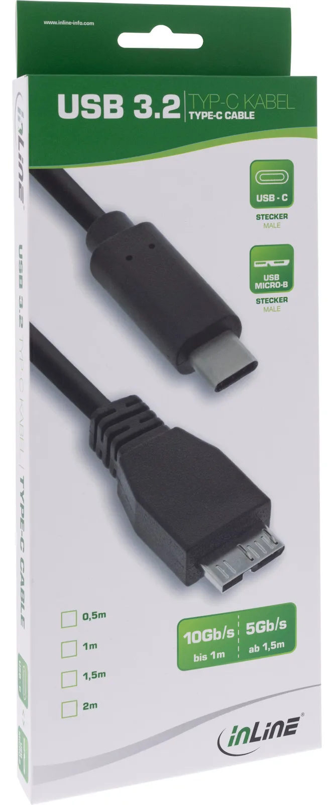 InLine USB 3.2 Gen.1x2 Kabel - USB-C Stecker an Micro-B Stecker - schwarz - 0,5m, Ansicht 2