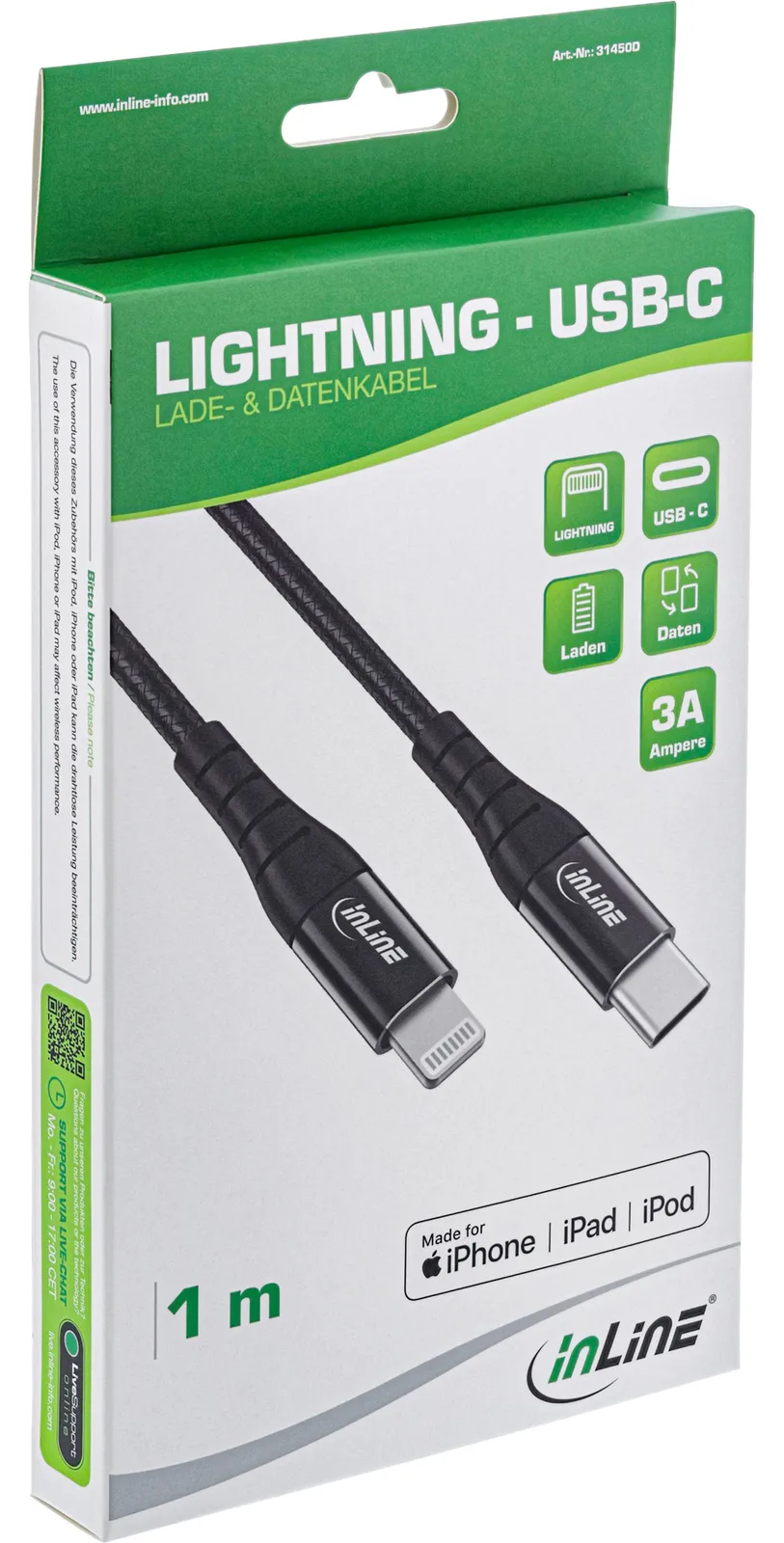 InLine USB-C Lightning Kabel - für iPad - iPhone - iPod - schwarz/Alu - 2m MFi, Ansicht 3
