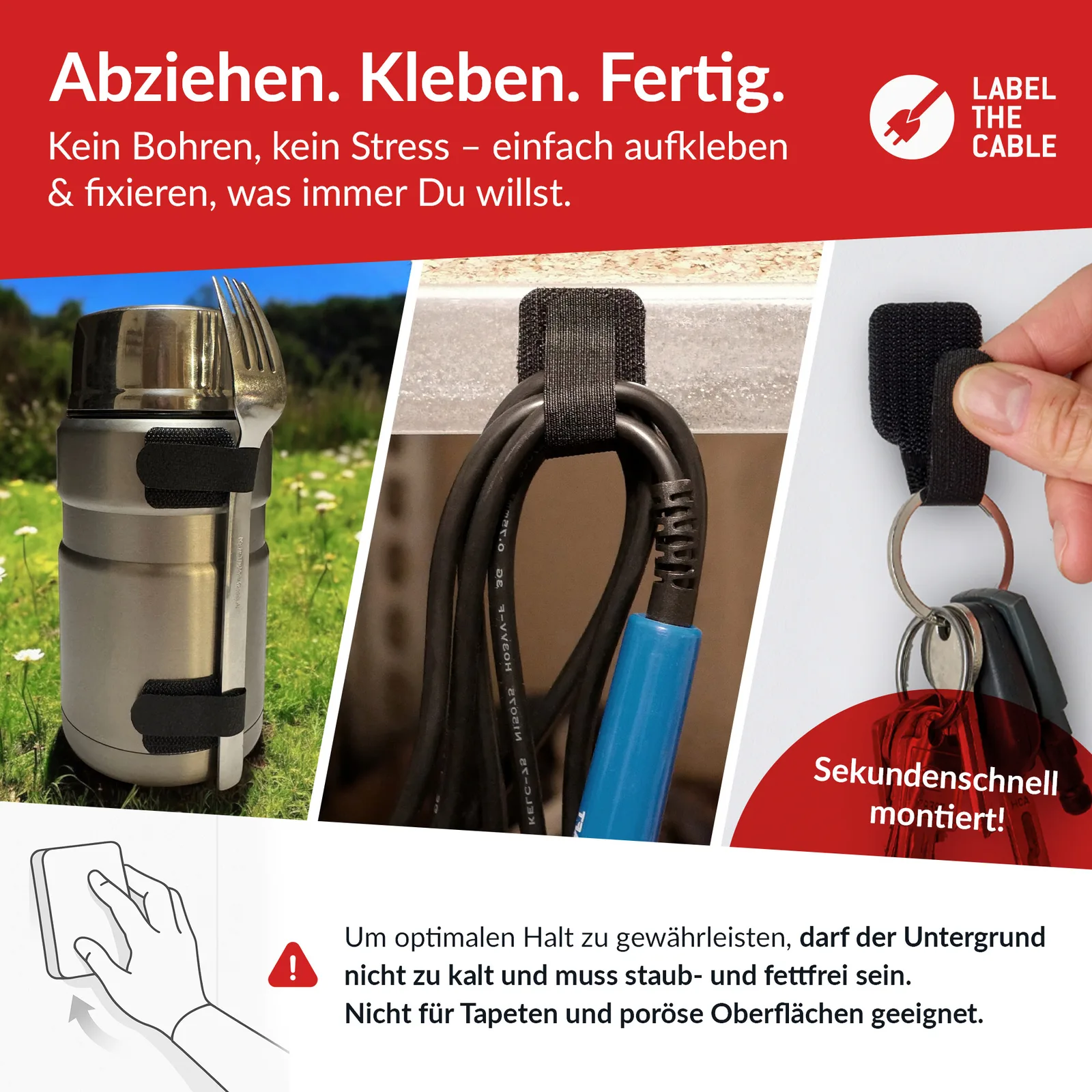 Label-the-cable LTC WALL STRAPS - Kabelhalter - Oberfläche montierbar, geeignet für Wandmontage - 9 cm - Schwarz, Ansicht 5