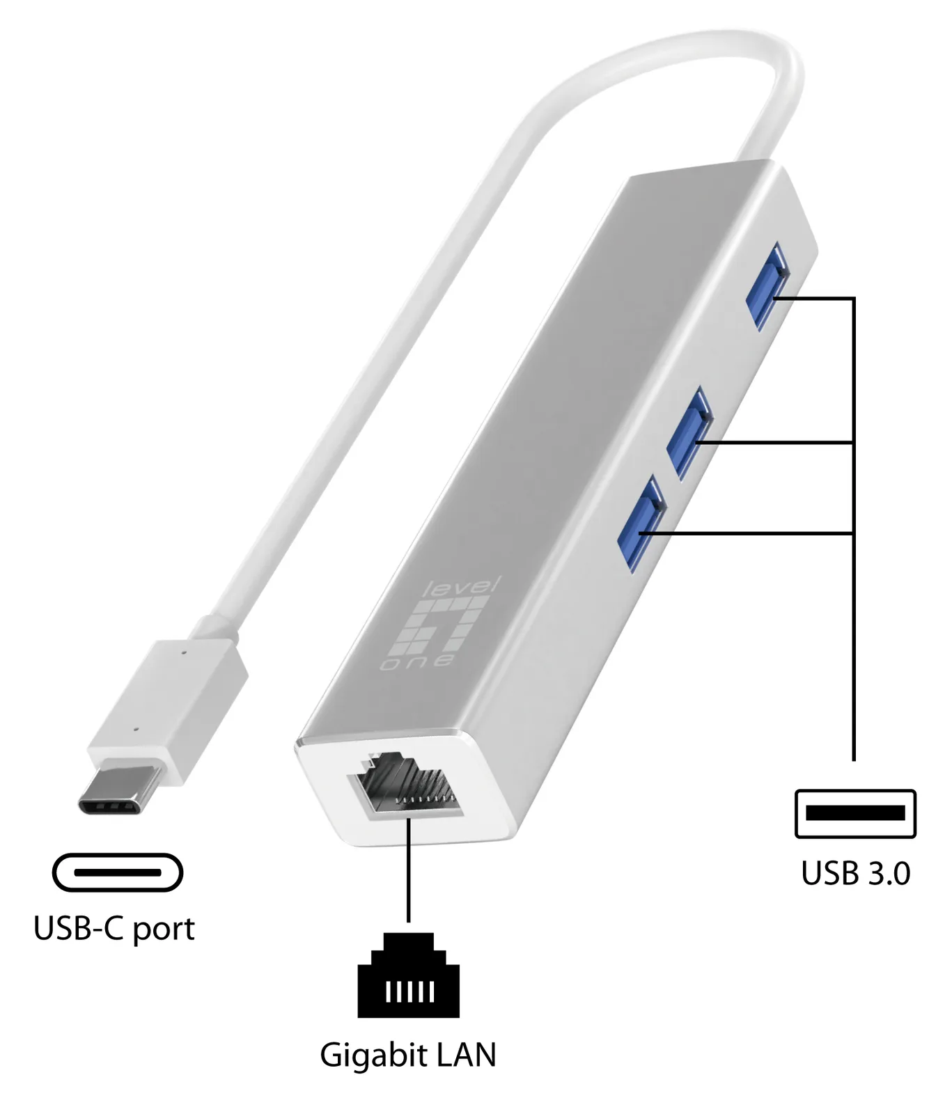 LevelOne Adapter USB-C -> RJ45 10/100/1000.3xUSB3.0 0.15m si - Adapter - Digital/Daten, Ansicht 3