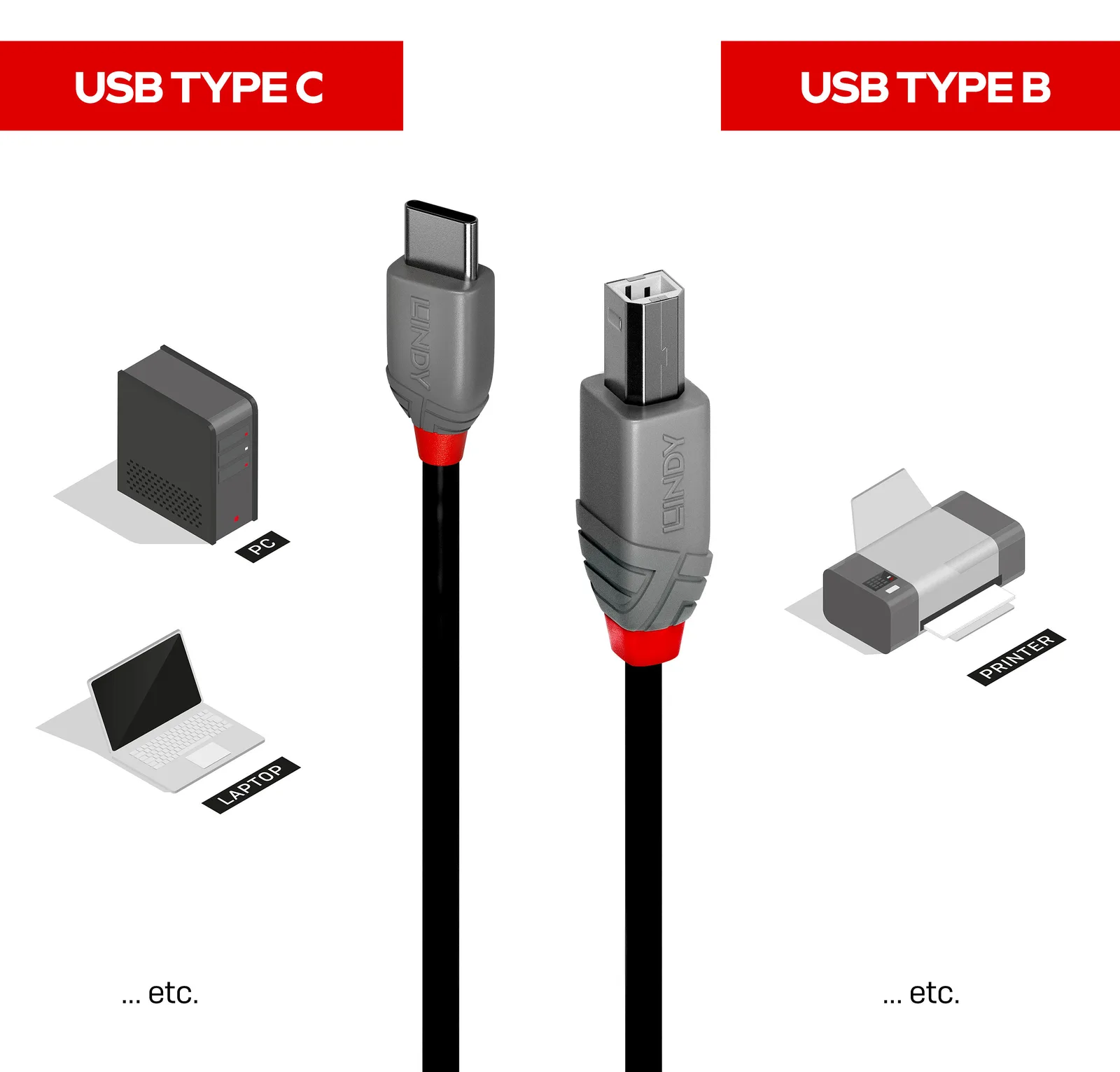 Lindy USB-Kabel - 24 pin USB-C (M) zu USB Typ B (M), Ansicht 2