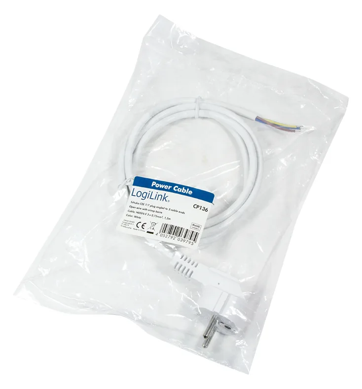 LogiLink Stromkabel - CEE 7/7 (M) bis ohne Stecker - Weiß, Ansicht 4
