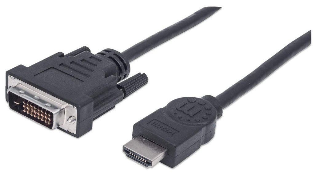 Manhattan HDMI to DVI-D 24+1 Cable, 1.8m, Male to Male, Black, Equivalent to Startech HDMIDVIMM6, Dual Link
