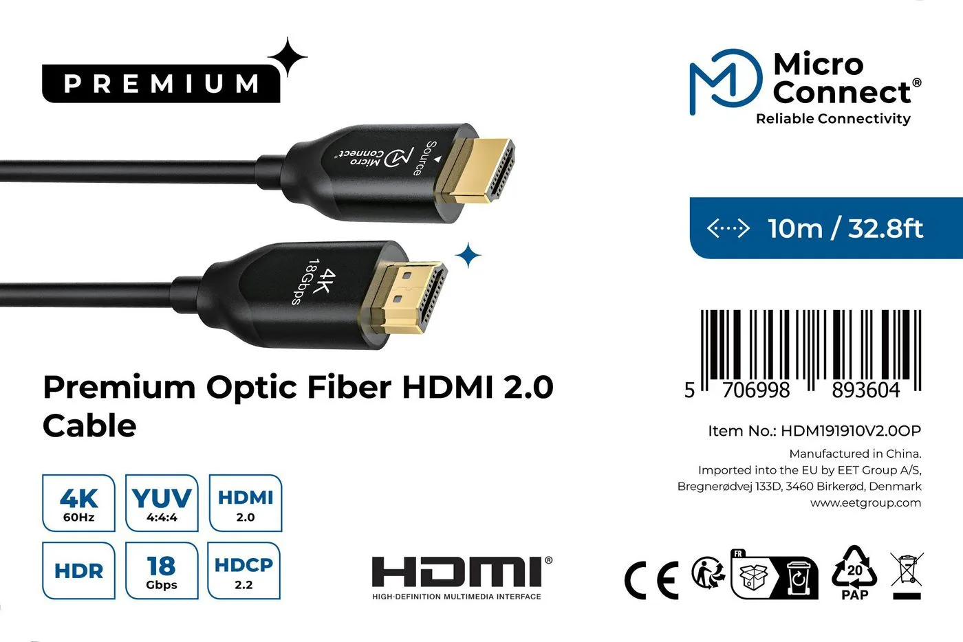 MicroConnect HDM191910V2.0OP, 10 M, HDMI TYP A (STANDARD), HDMI TYP A (STANDARD), 18 GBIT/S, SCHWARZ, Ansicht 4
