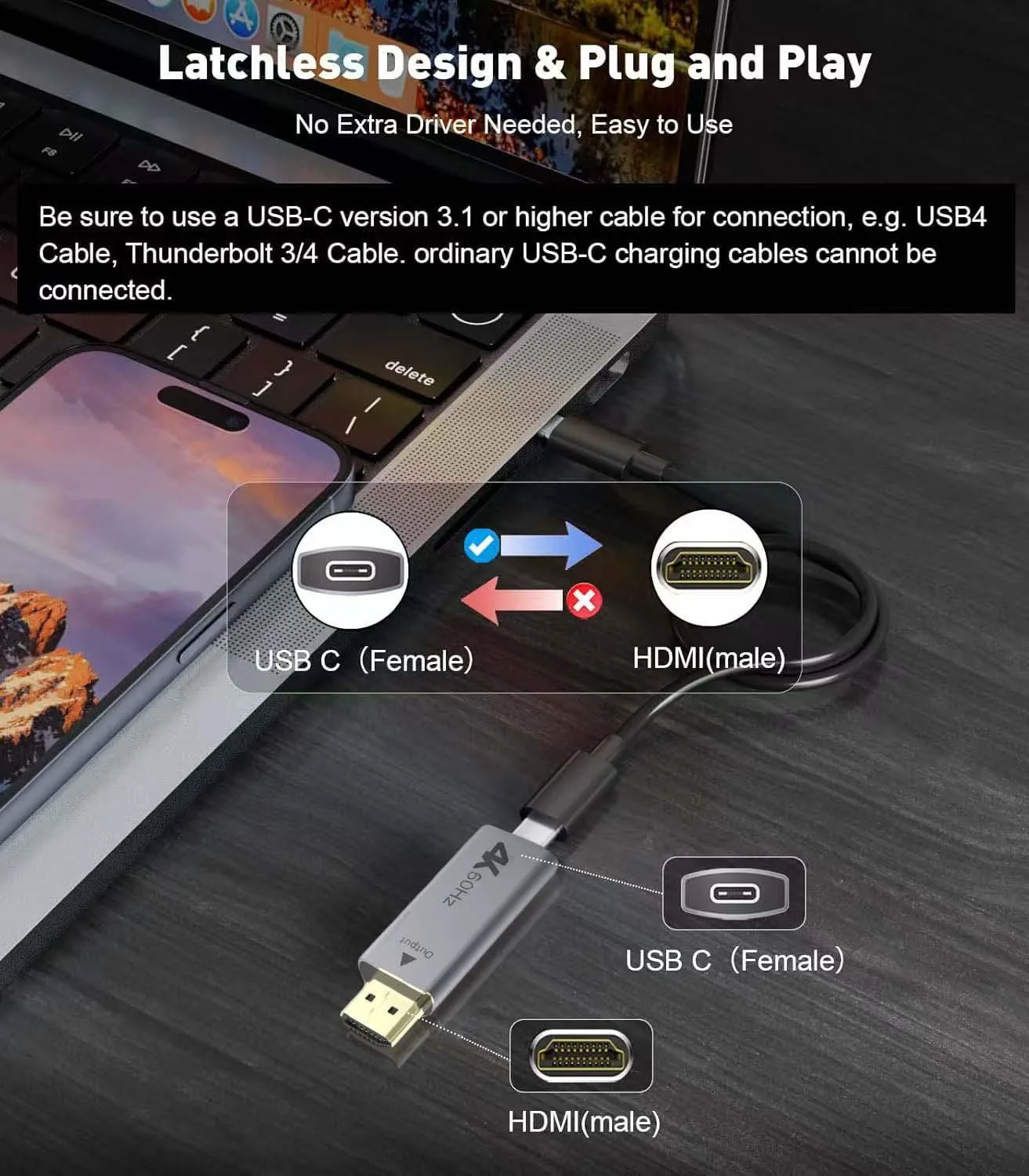 MicroConnect HDMI to USB-C adapter 4k Uni-Directional - Adapter - Digital/Daten, Ansicht 3