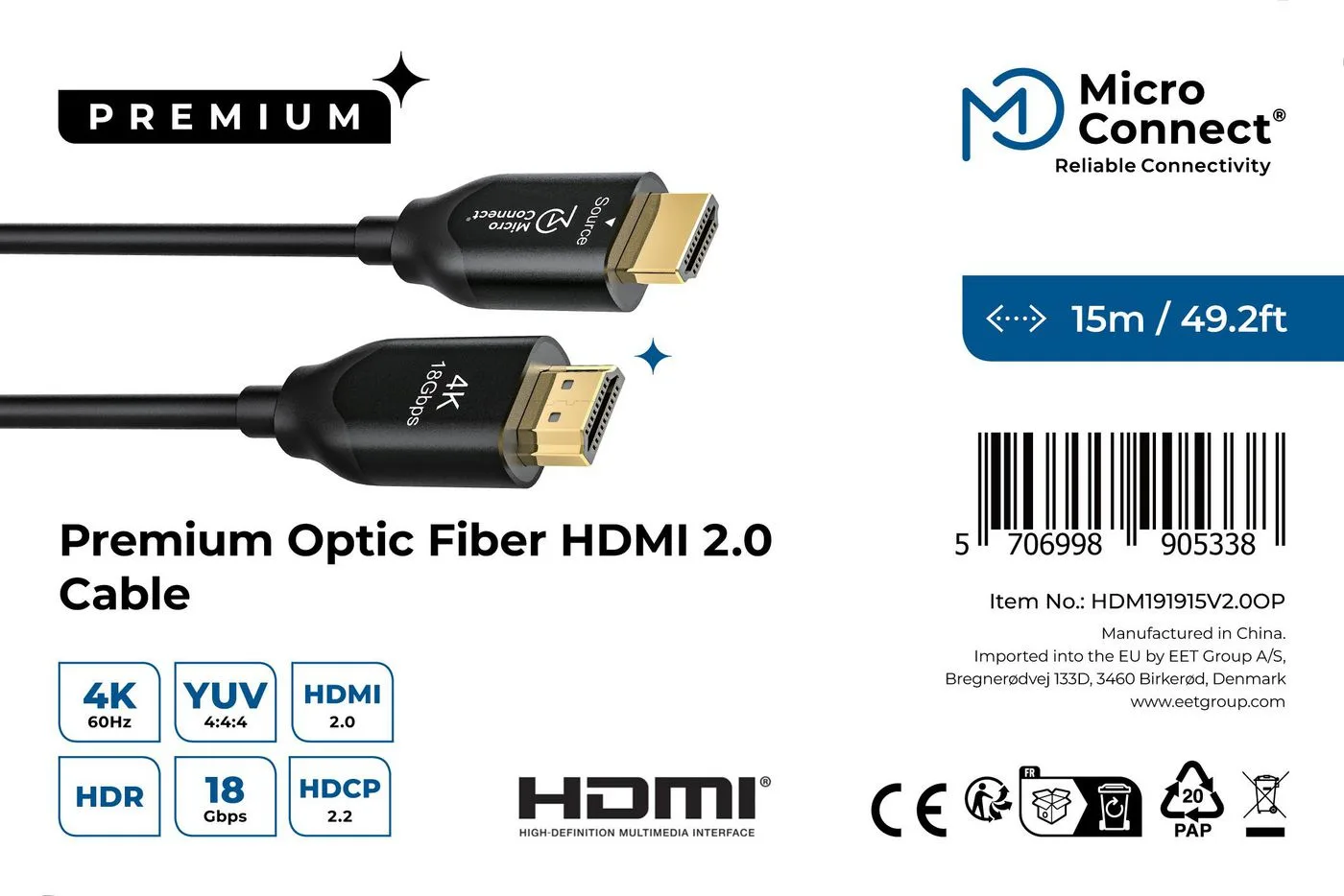 MicroConnect Premium - HDMI-Kabel mit Ethernet - HDMI männlich zu HDMI männlich - 15 m - Kupfer/Kohlefaser - Schwarz, Ansicht 4
