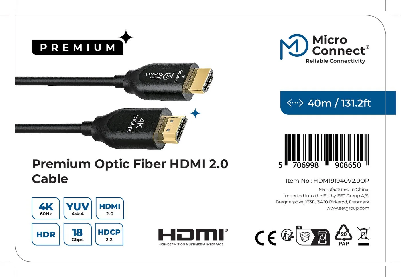MicroConnect Premium - HDMI-Kabel mit Ethernet - HDMI männlich zu HDMI männlich - 40 m - Kupfer/Kohlefaser - Schwarz, Ansicht 4