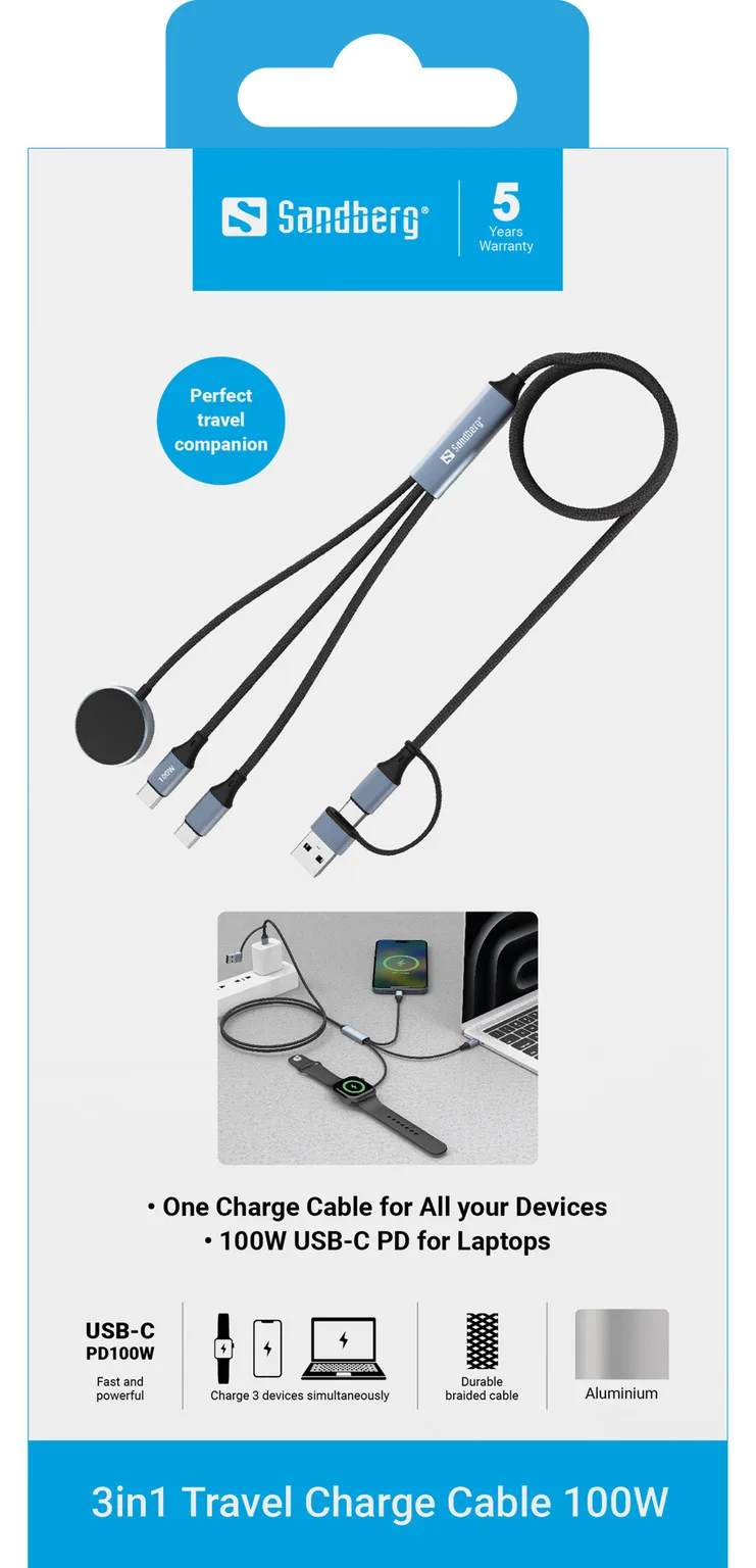 SANDBERG 3in1 Travel Charge Cable 100W - Kabel - Digital/Daten, Ansicht 4