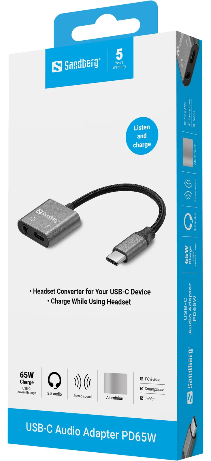 SANDBERG USB-C zu Kopfhöreranschluss / Ladeadapter - 24 pin USB-C männlich zu 24 pin USB-C, Mini-Stecker weiblich - 65 W, Ansicht 2