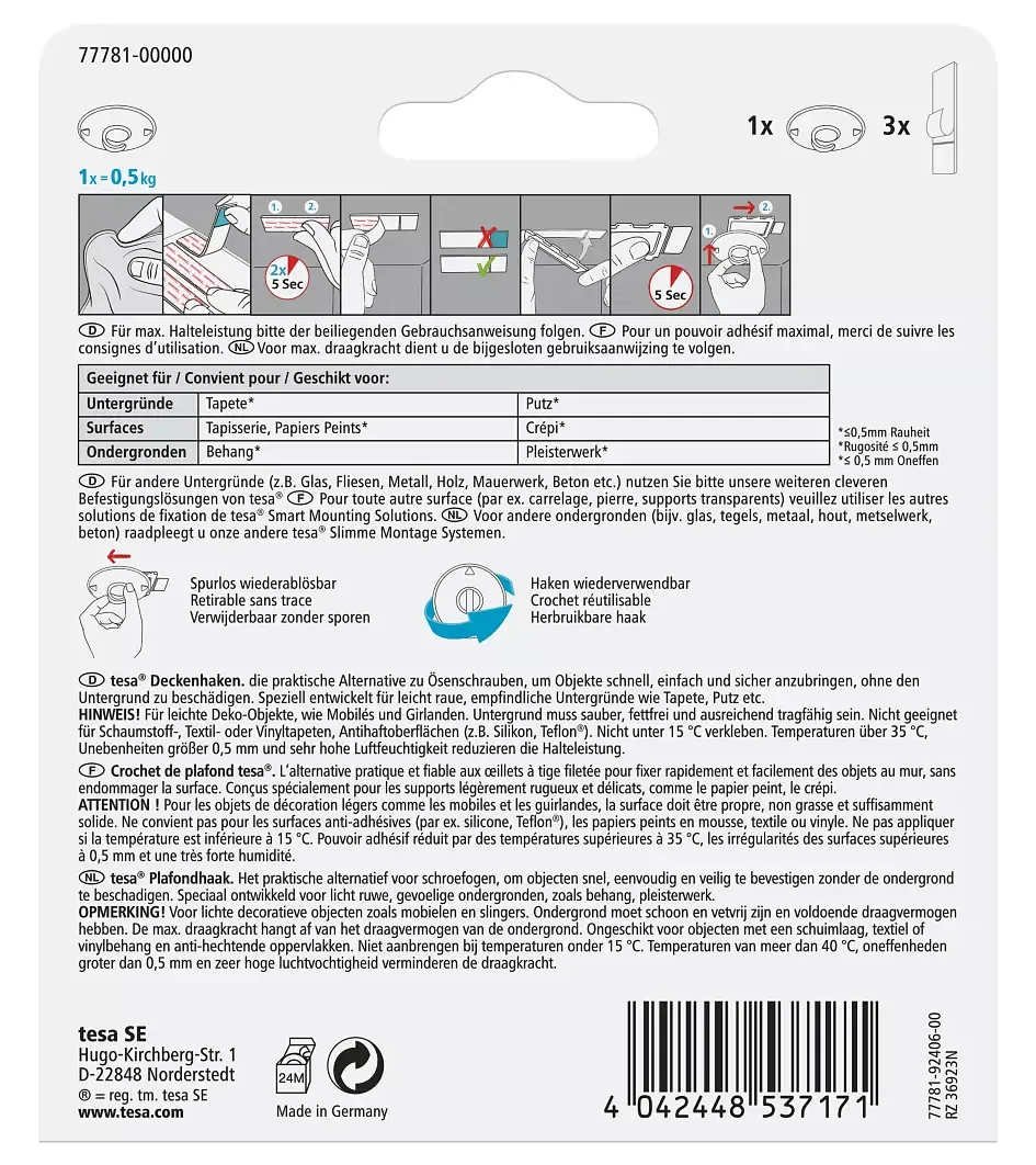 Tesa 77781-00000-00 - Indoor - Universalhaken - Weiß - Kunststoff - Klebestreifen - 0,5 kg, Ansicht 3