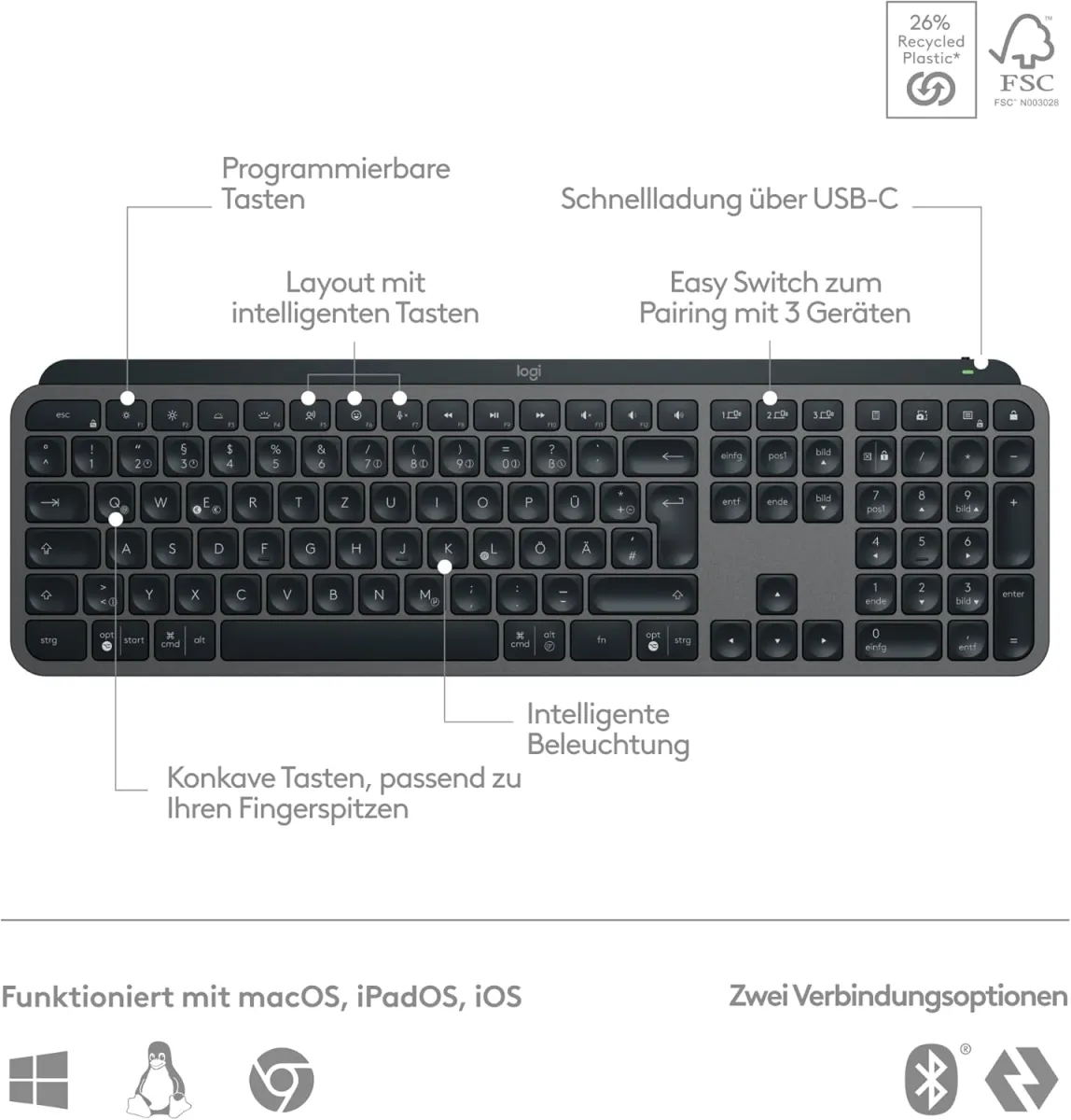 Logitech MX Keys S kabellose Tastatur, Low Profile, Fluid Quiet Typing, Programmable, Backlighting, Bluetooth, USB C Rechargeable, für Windows PC, Linux, Chrome, Mac, Deutsches QWERTZ - Grau — Bild 3