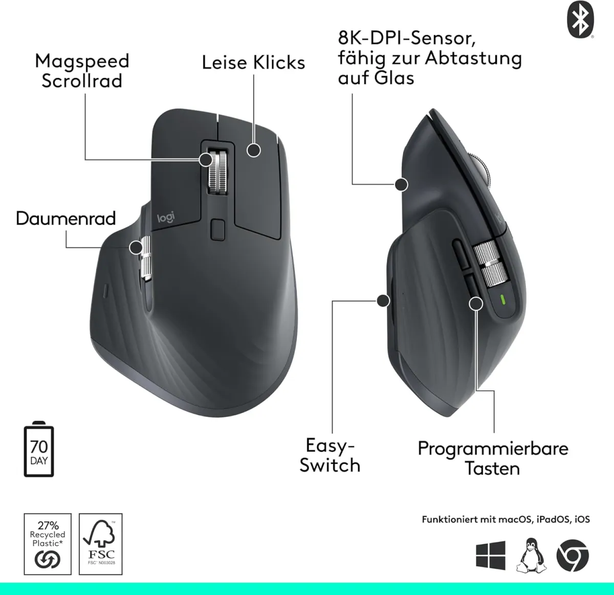 Logitech MX Master 3S 2025 – Bluetooth Kabellose Hochleistungs-Maus, ultraschnelles Scrollen, Ergo, 8K DPI, Abtastung auf Glas, Windows, Linux, Chrome - Grafit — Bild 4