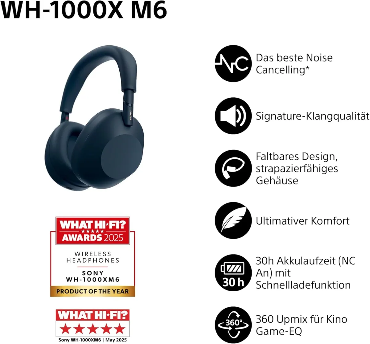 SONY WH-1000XM6 kabellose Noise Cancelling-Kopfhörer, Signature Hi-Res Sound, Bluetooth-Kopfhörer, Komfort, faltbares Design, magnetische Tragetasche, 30 Std.-Akku NC An, iOS & Android - Midnight Blue — Bild 2
