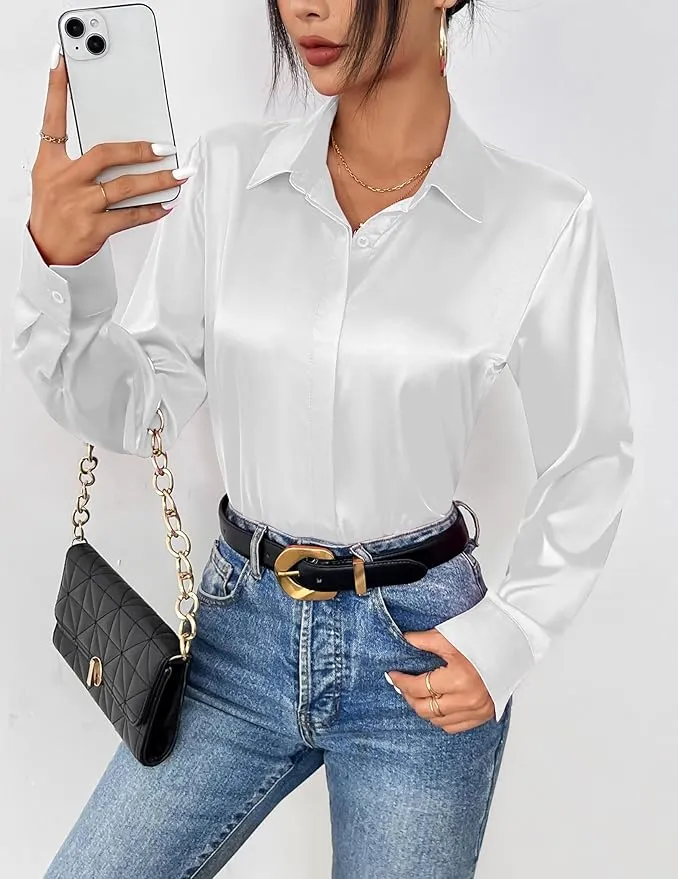 ZEAGOO Satin Bluse Damen Seidenbluse V-Ausschnitt Langarm Blusen Elegant Business Oberteile Seide Hemd mit Knöpfen — Bild 2