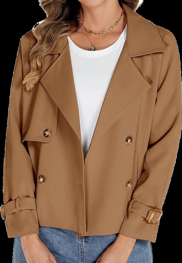 Tuopuda Kurzer Trenchcoat Damen Zweireiher Kurzmantel Übergang Trench Coat Klassische Herbst Frühling Sommermantel Leichte Damenmantel Mantel Übergangsmantel Reverskragen