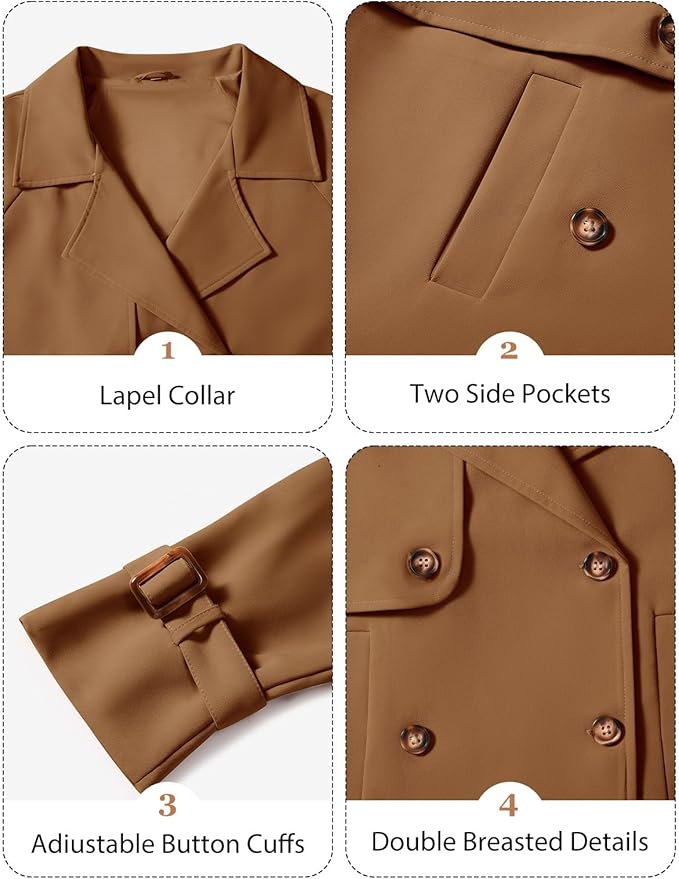 Tuopuda Kurzer Trenchcoat Damen Zweireiher Kurzmantel Übergang Trench Coat Klassische Herbst Frühling Sommermantel Leichte Damenmantel Mantel Übergangsmantel Reverskragen — Bild 2