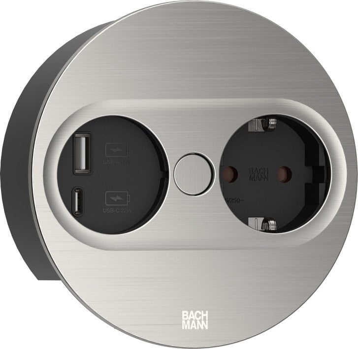 Bachmann TWIST2 1xCEE7/3 1USB Inox-Optik rund Aderendhülsen USB Charg. A/C 2m