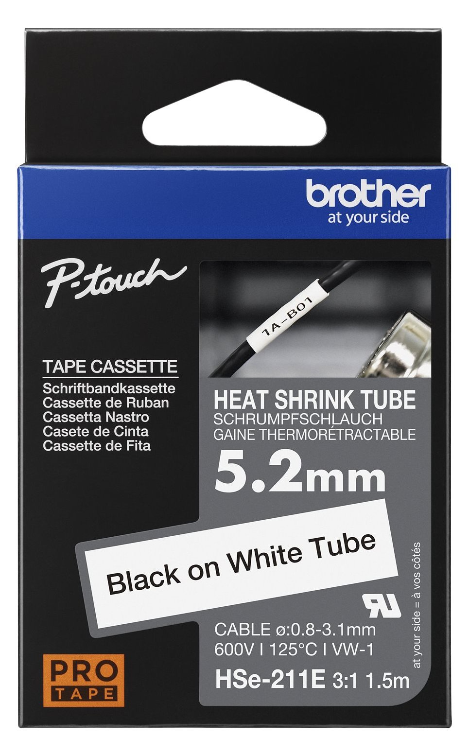 Brother HSe-211E - Schwarz auf Weiß - Rolle (0,52 cm x 1,5 m)