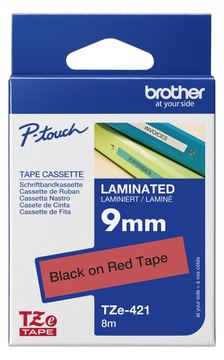 Brother TZe-421 - Standard-Klebstoff - schwarz auf rot - Rolle (0,9 cm x 8 m) von LumaTech