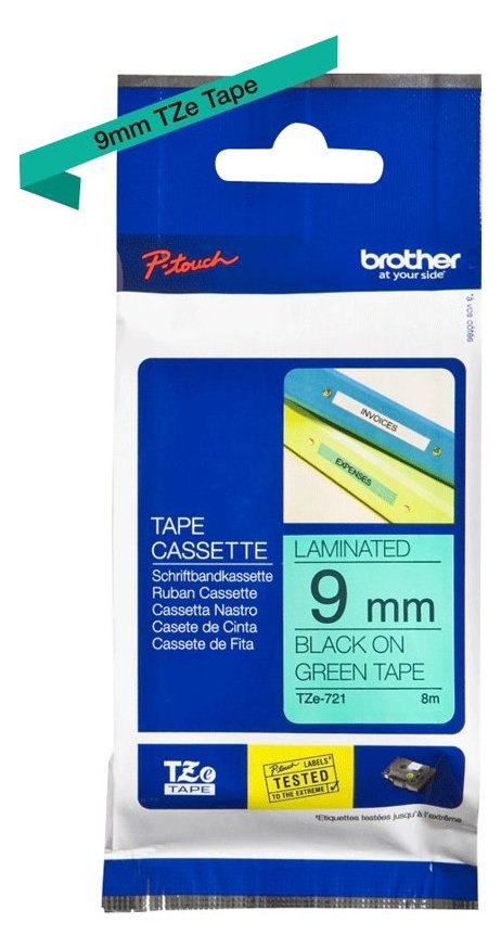 Brother TZe-721 - Schwarz auf Grün - Rolle (0,9 cm x 8 m)