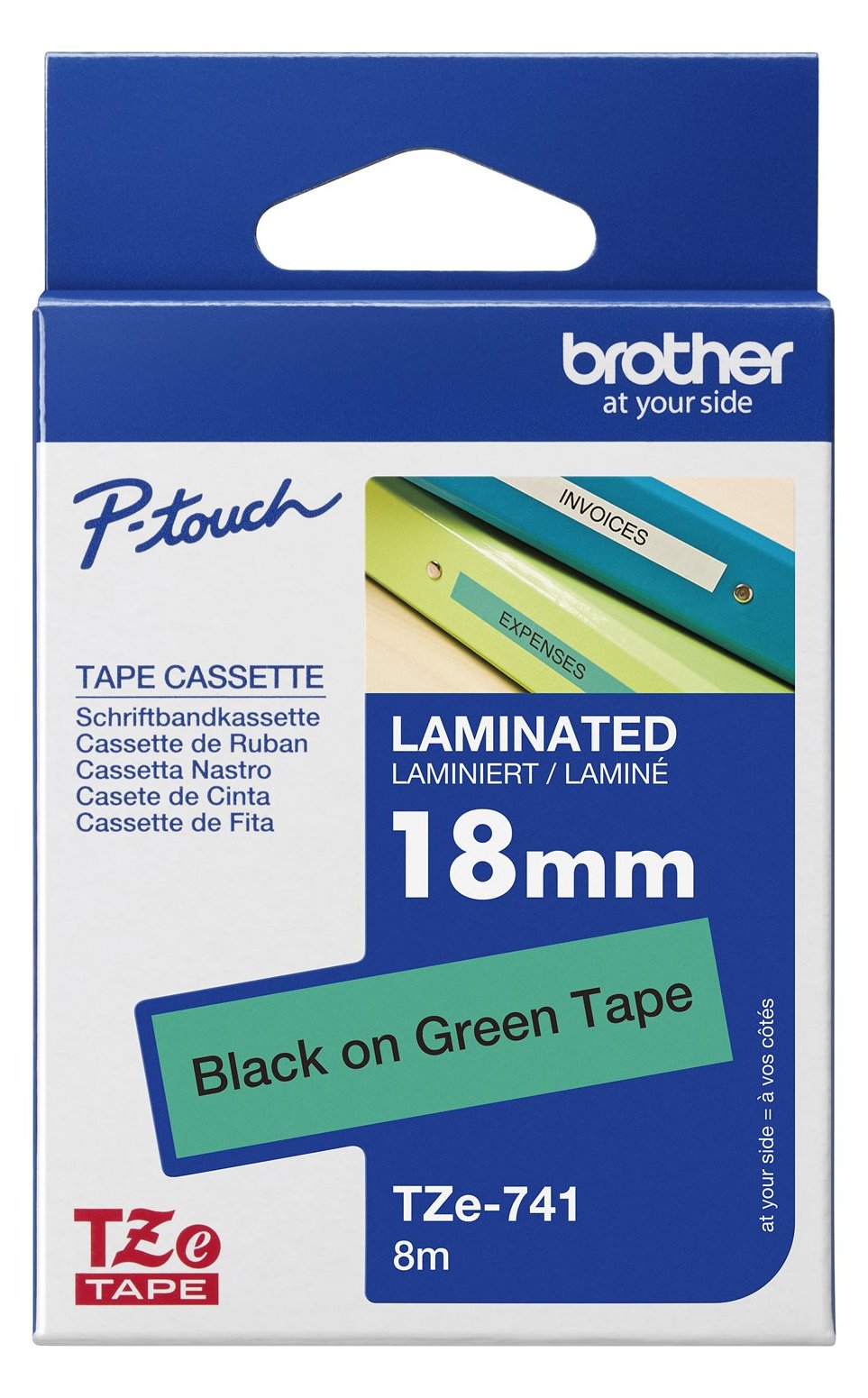 Brother TZe-741 - Standard-Klebstoff - Schwarz auf Grün - Rolle (1,8 cm x 8 m)