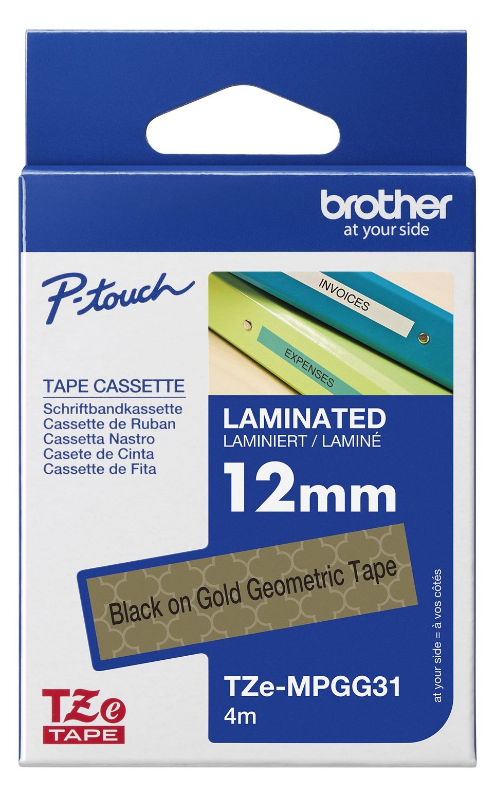 Brother TZe-MPGG31 - Schwarz auf goldenen Geometriemustern - Rolle (1,2 cm x 4 m)