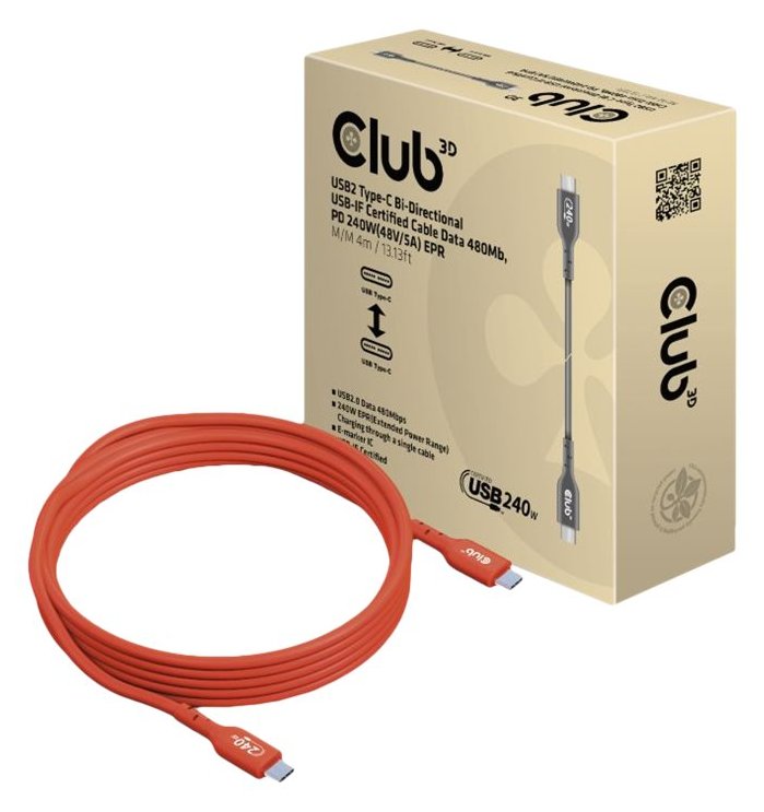 Club 3D USB-Kabel - 24 pin USB-C (M) zu 24 pin USB-C (M) - USB 2.0 - 48 V - 5 A - 4 m - bi-direktional - bis zu 240 W