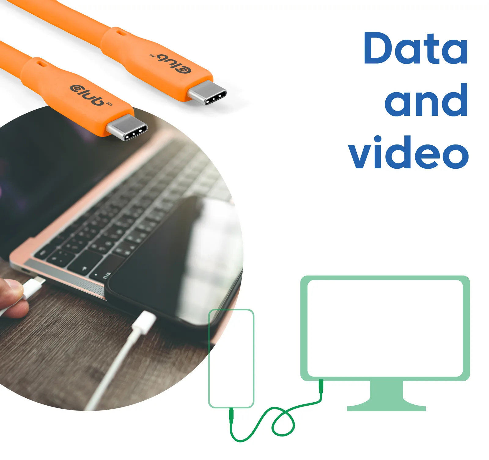 Club 3D USB-Kabel - 24 pin USB-C (M) zu 24 pin USB-C (M) - USB4 - 2 m - Support von 4K 60 Hz - bis zu 20 Gbps - Orange, Ansicht 6