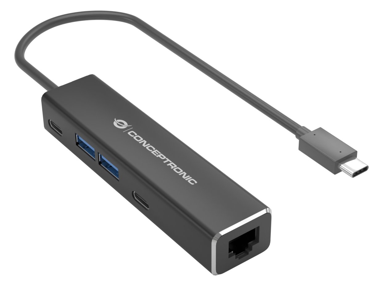 Conceptronic ABBY13B Gigabit Ethernet USB 3.2 Gen 1 Adapter mit USB-Hub - GbE - USB-A x 2 - USB-C x 2 - Kabelgebunden