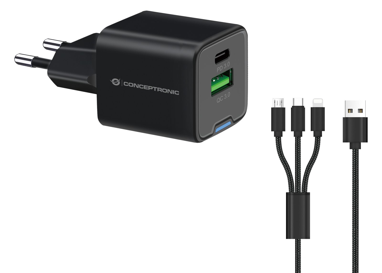 Conceptronic Ladegerät 2Port 33W 1xUSB-C 1xUSB-a+3-in-1 - schwarz