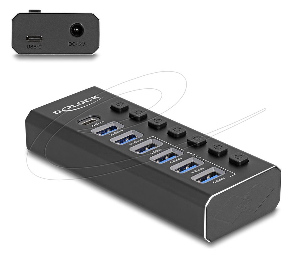 Delock 7 Port USB Hub mit 3 Ports 10 Gbps und 4 Schnellladeports 5 Schalter