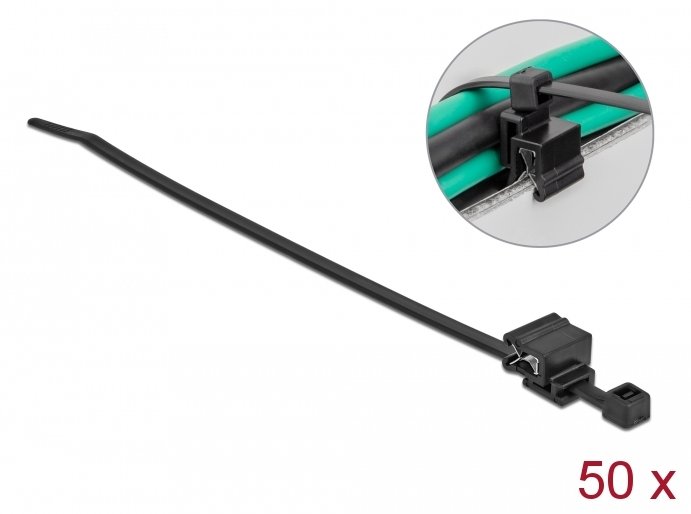Delock Kabelbinder - mit Kanten-Befestigungsclip - 20 cm - Schwarz (Packung mit 50)