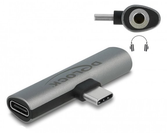 Delock USB-C zu Kopfhöreranschluss / Ladeadapter - USB-C männlich zu Mini-Stecker, USB-C weiblich - Grau