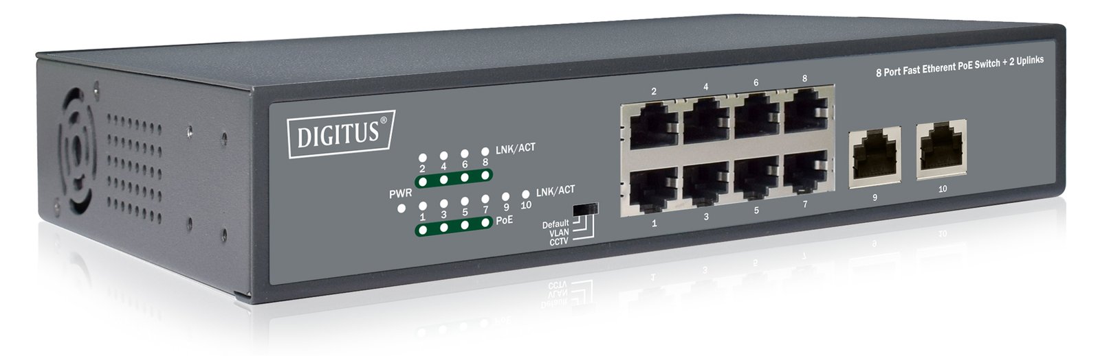 DIGITUS 8-Port Fast Ethernet PoE Switch, 19 Zoll, Unmanaged, 2 Uplinks