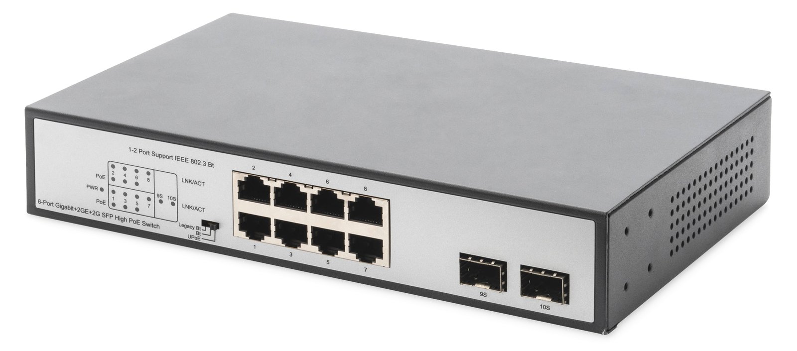 DIGITUS 8-Port Gigabit PoE Switch, 19 Zoll, Unmanaged, 2 Uplinks