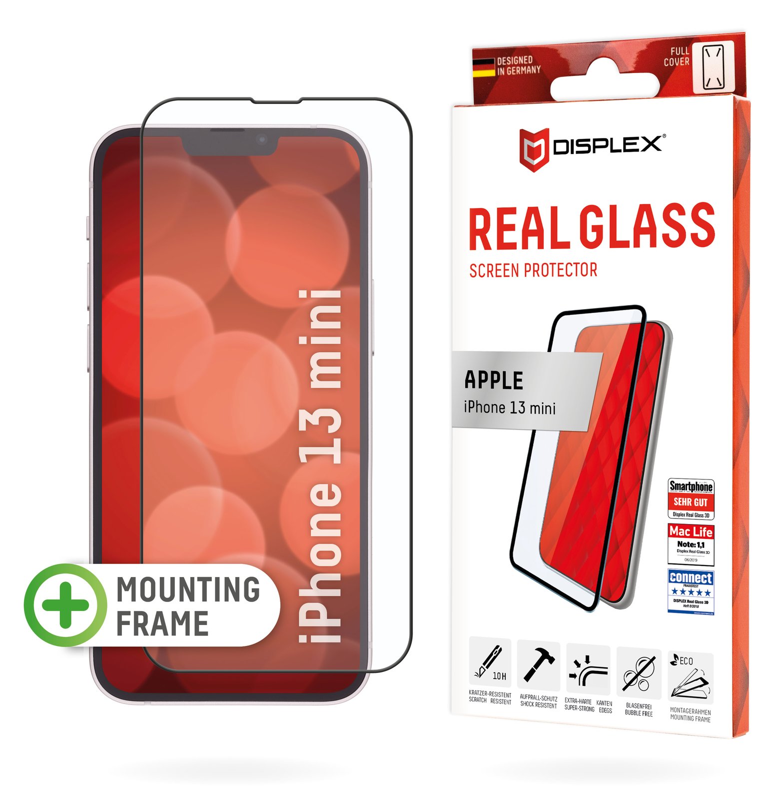 DISPLEX Full Cover Panzerglas (10H) für Apple iPhone 13 mini - Eco-Montagerahmen - volle Displayabdeckung