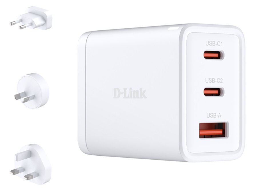 D-Link DCP-651 - Netzteil - GaN - 65 Watt - 5 A - PD 3.0, QC 4.0 - 3 Ausgabeanschlussstellen (2 x USB-C, USB Typ A)