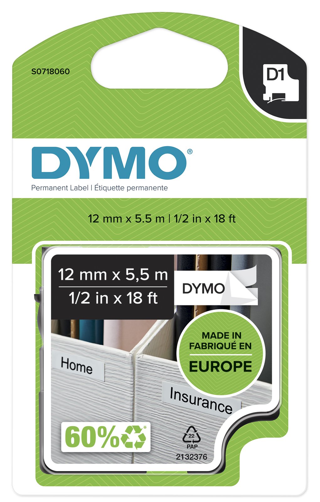Dymo D1 - Polyester - permanenter Klebstoff - Schwarz auf Weiß - Rolle (1,2 cm x 5,5 m)