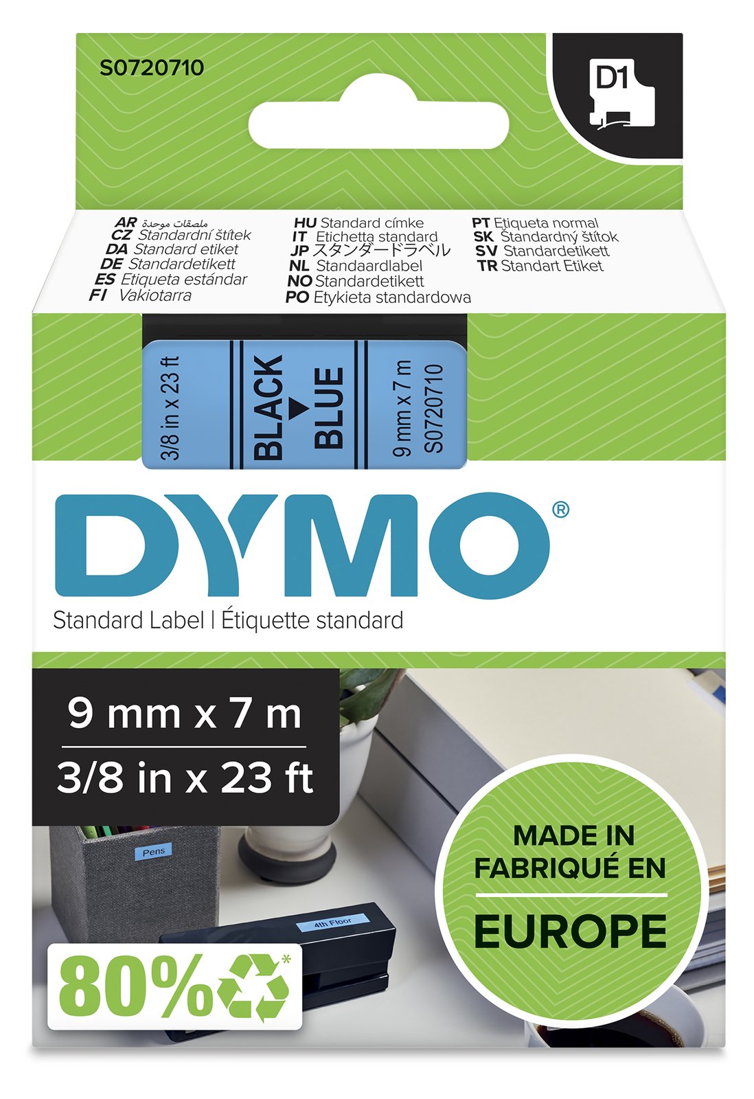 Dymo D1 - Selbstklebend - Schwarz auf Blau - Rolle (0,9 cm x 7 m)