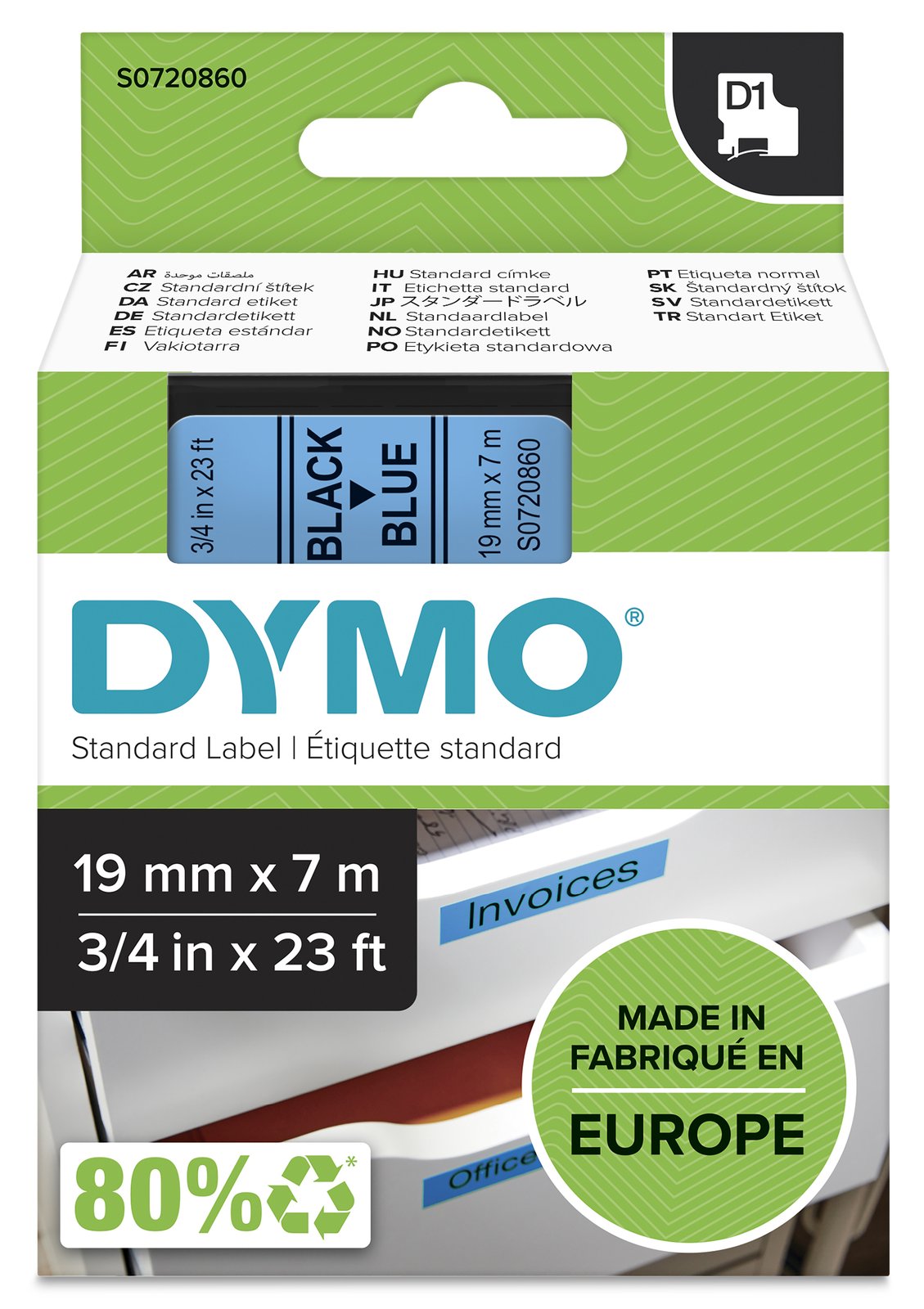 Dymo D1 - Selbstklebend - Schwarz auf Blau - Rolle (1,9 cm x 7 m)