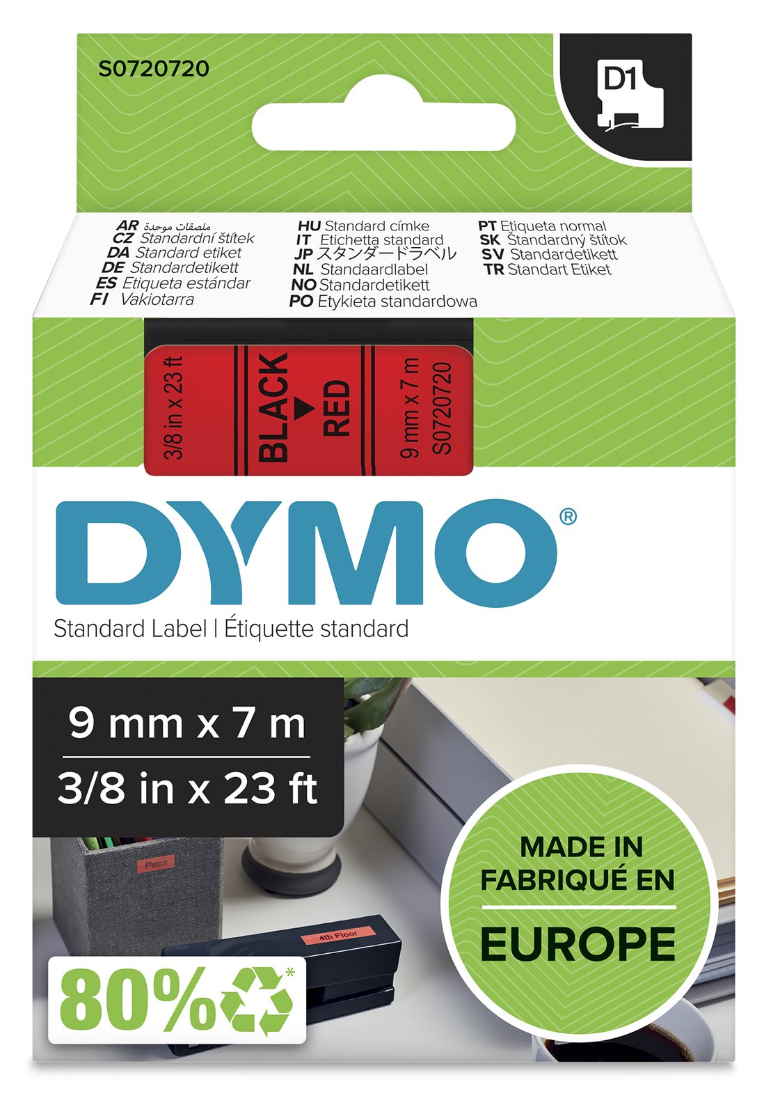 Dymo D1 - Selbstklebend - schwarz auf rot - Rolle (0,9 cm x 7 m)