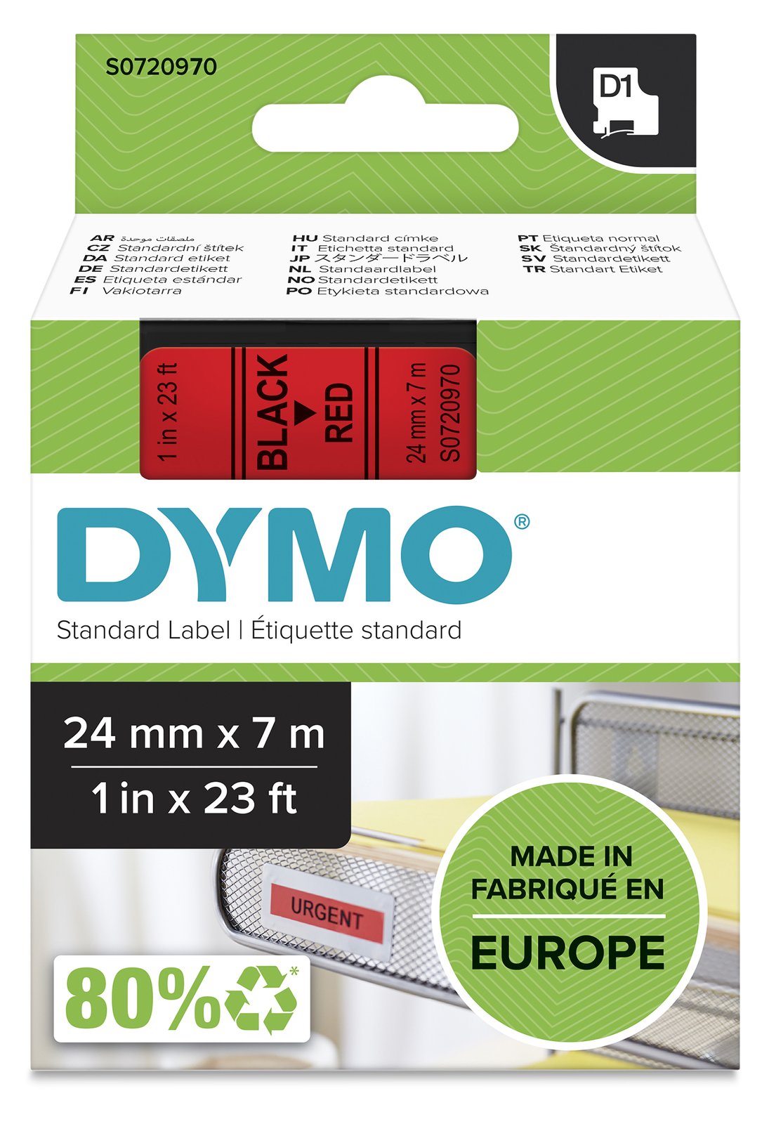 Dymo D1 - Selbstklebend - schwarz auf rot - Rolle (2,4 cm x 7 m)