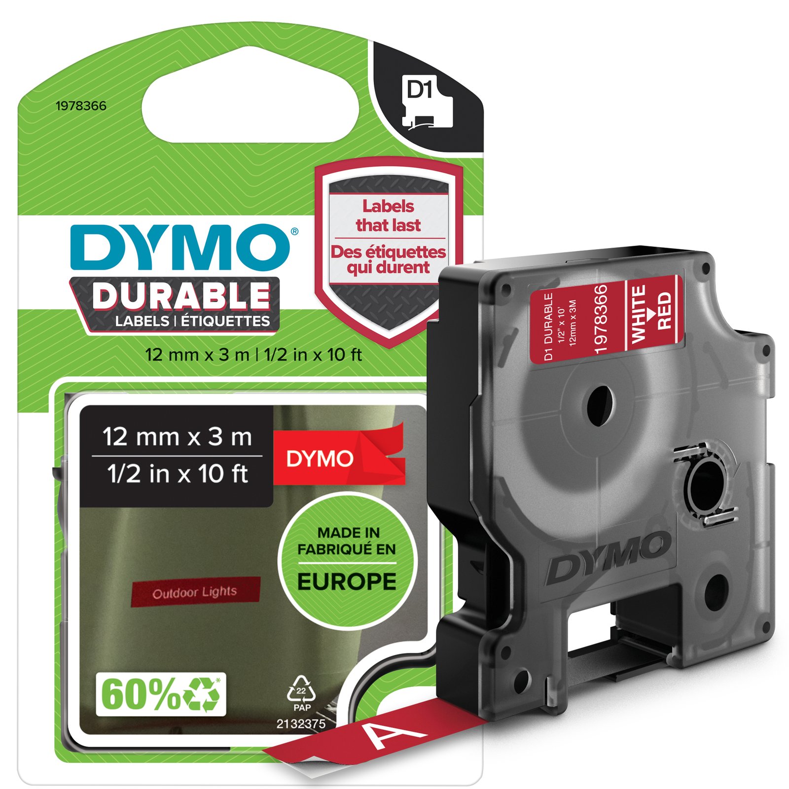 Dymo D1 - Selbstklebend - Weiß auf Rot - Rolle (1,2 cm x 3 m)
