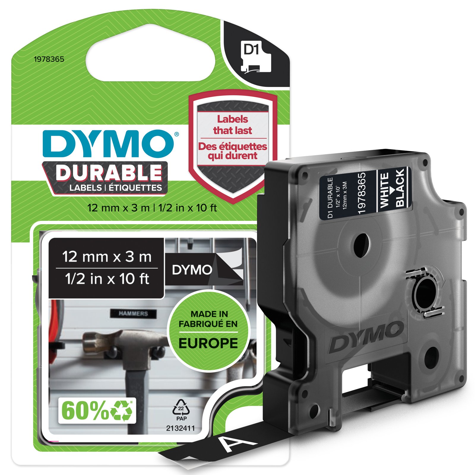 Dymo D1 - Selbstklebend - Weiß auf Schwarz - Rolle (1,2 cm x 3 m)