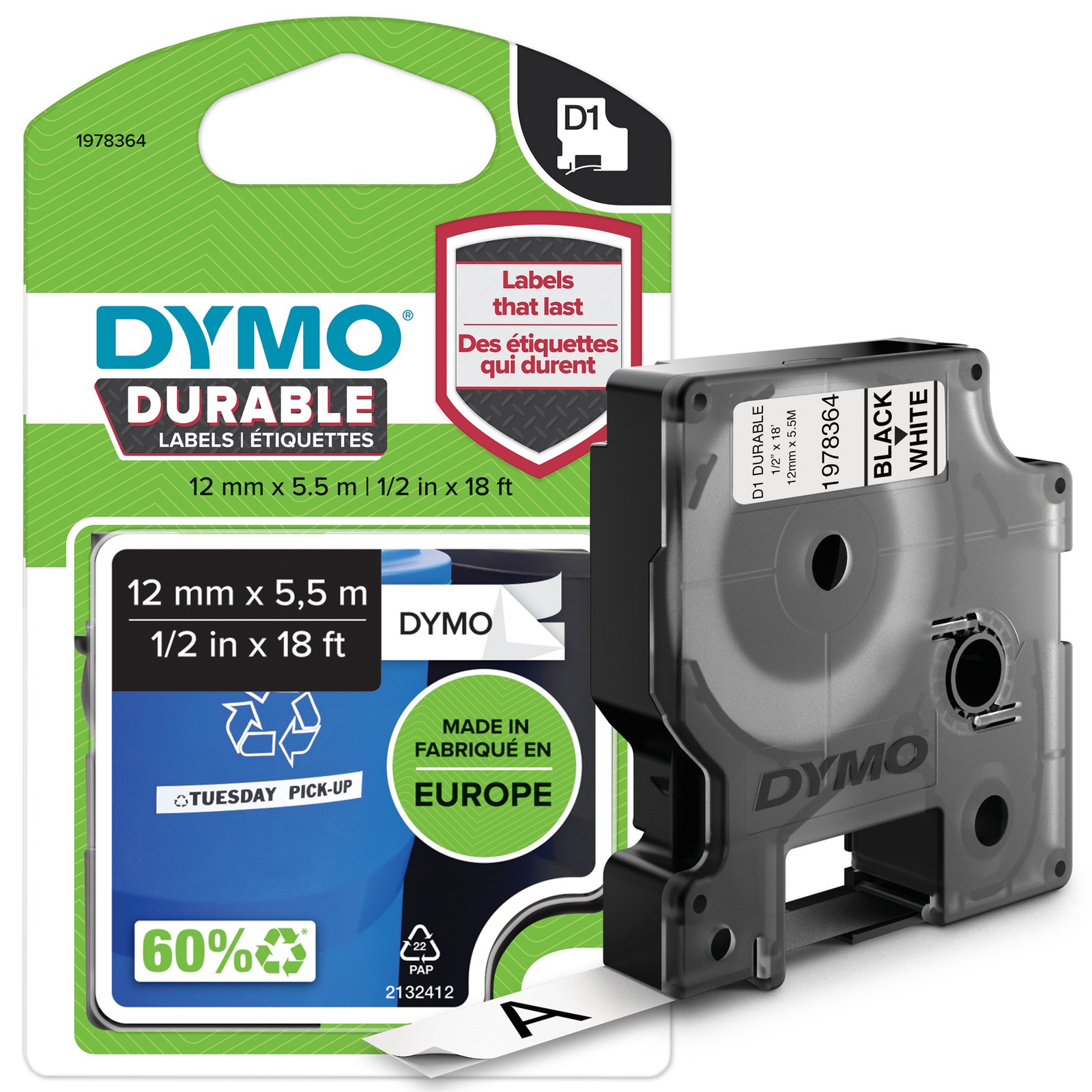 Dymo D1 Durable - Selbstklebend - Schwarz auf Weiß - Rolle (1,2 cm x 5,5 m)