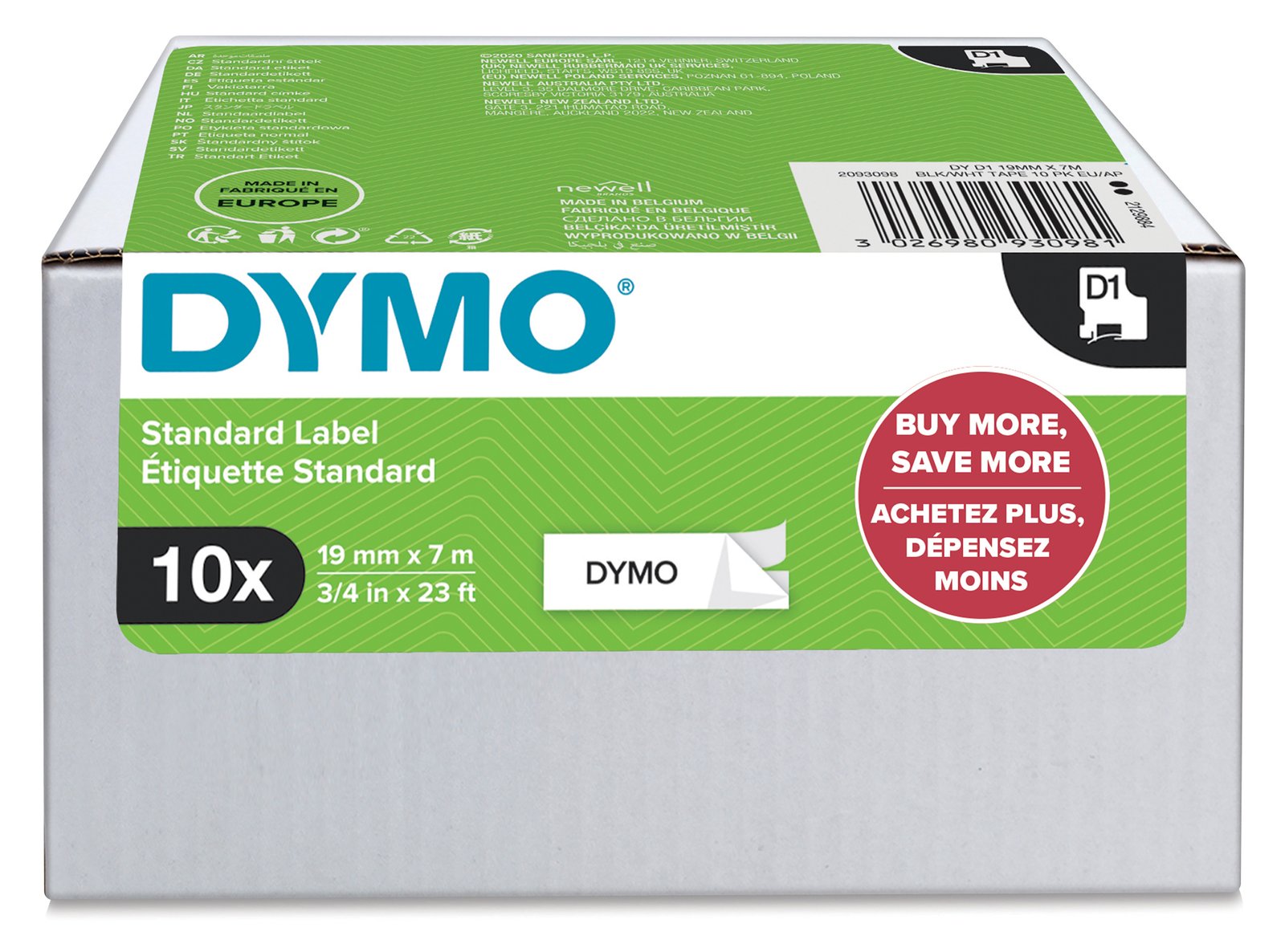Dymo D1 Standard - Polyester - selbstklebend - Schwarz auf Weiß - 7 x 19 mm 1 Rolle(n) Etikettenkartusche (10er Pack)