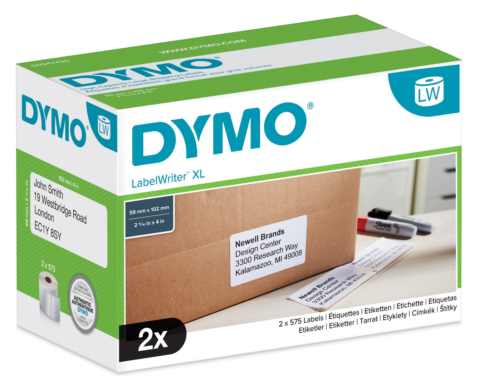 Dymo High Capacity Large Shipping Labels - Weiß - 59 x 102 mm 1150 Etikett(en) 575 Etiketten (Packung mit 2)